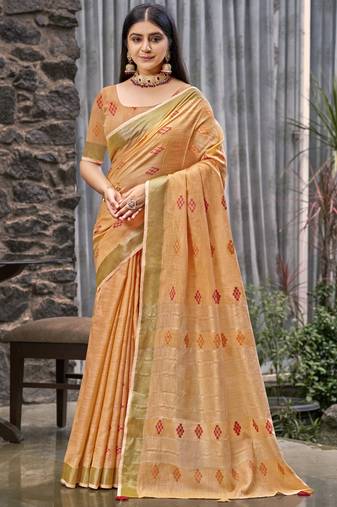 Sangam prints orange linen woven work traditional saree