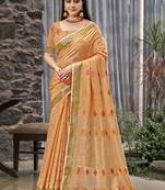Sangam prints orange linen woven work traditional saree