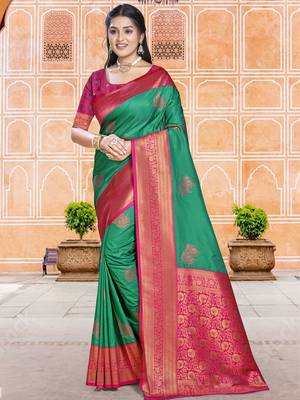 Sangam prints green silk woven work traditional saree 1