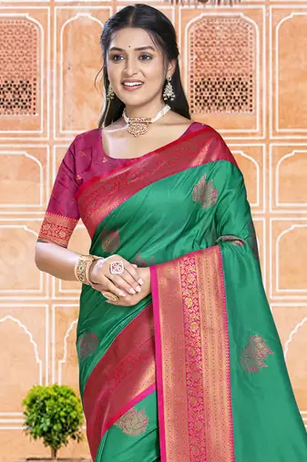 Sangam prints green silk woven work traditional saree