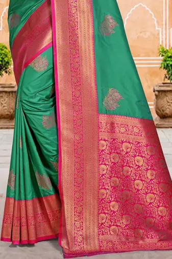 Sangam prints green silk woven work traditional saree