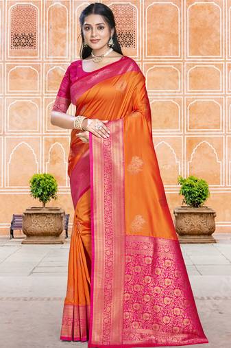 Sangam prints orange silk woven work traditional saree