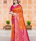 Sangam prints orange silk woven work traditional saree