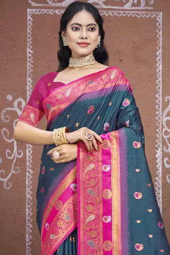 Sangam prints rama silk woven work traditional saree