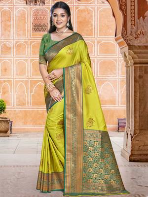 Sangam prints parrot green silk woven work traditional saree 1