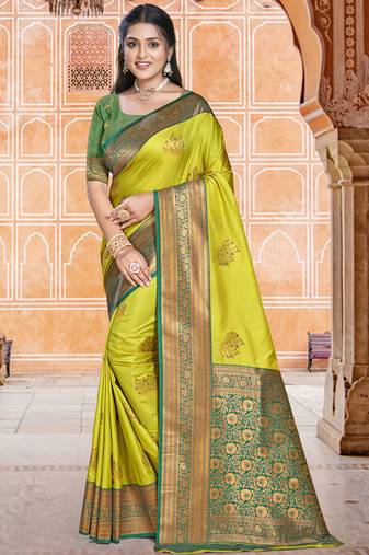 Sangam prints parrot green silk woven work traditional saree