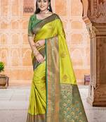 Sangam prints parrot green silk woven work traditional saree