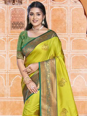 Sangam prints parrot green silk woven work traditional saree 2