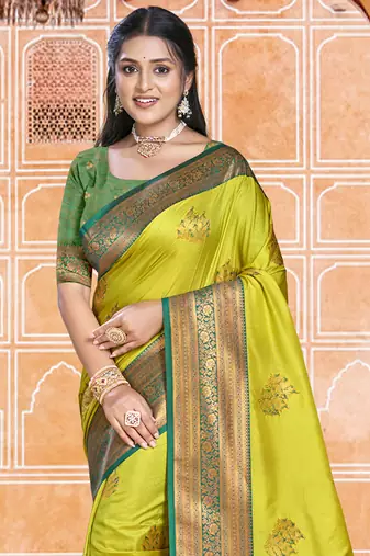 Sangam prints parrot green silk woven work traditional saree
