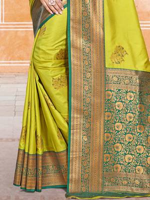 Sangam prints parrot green silk woven work traditional saree 3