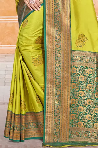 Sangam prints parrot green silk woven work traditional saree