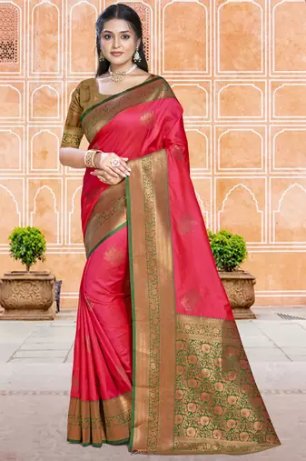 Sangam prints dark pink silk woven work traditional saree