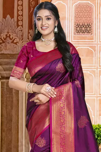 Sangam prints wine silk woven work traditional saree