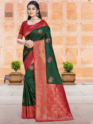 Sangam prints dark green silk woven work traditional saree 1