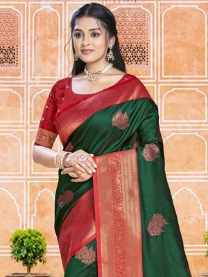 Sangam prints dark green silk woven work traditional saree 2