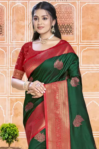 Sangam prints dark green silk woven work traditional saree