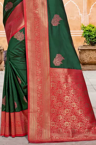 Sangam prints dark green silk woven work traditional saree