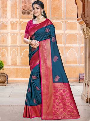 Sangam prints blue silk woven work traditional saree 1