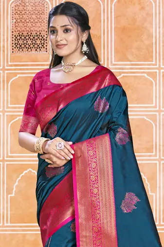 Sangam prints blue silk woven work traditional saree