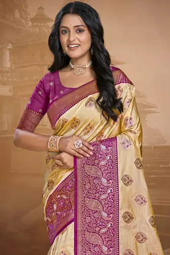 Sangam prints beige silk woven work traditional saree