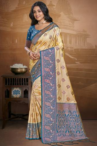 Sangam prints beige silk woven work traditional saree