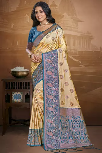Sangam prints beige silk woven work traditional saree