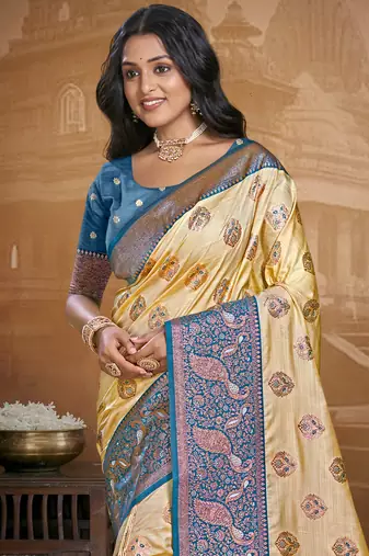 Sangam prints beige silk woven work traditional saree
