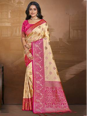 Sangam prints beige silk woven work traditional saree 1