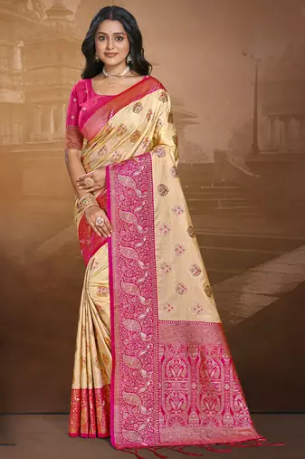 Sangam prints beige silk woven work traditional saree