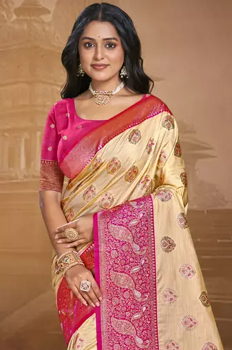 Sangam prints beige silk woven work traditional saree