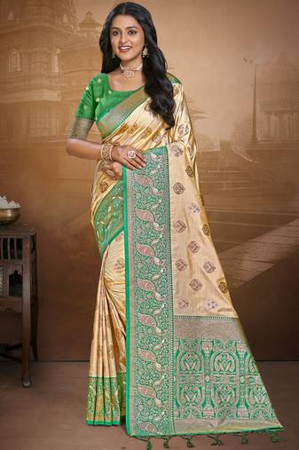 Sangam prints beige silk woven work traditional saree