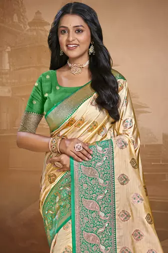 Sangam prints beige silk woven work traditional saree