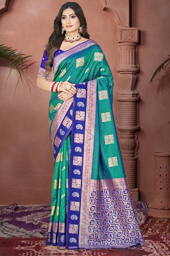 Sangam prints rama silk woven work traditional saree