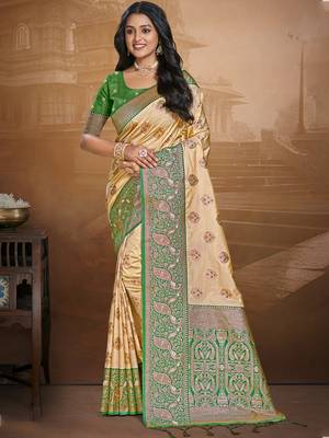 Sangam prints beige silk woven work traditional saree 1
