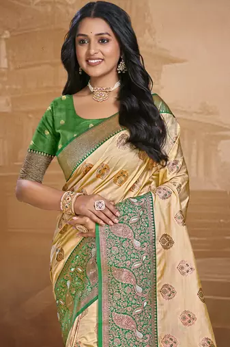 Sangam prints beige silk woven work traditional saree