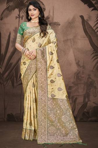 Sangam prints beige silk woven work traditional saree