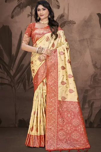 Sangam prints beige silk woven work traditional saree