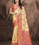 Sangam prints beige silk woven work traditional saree