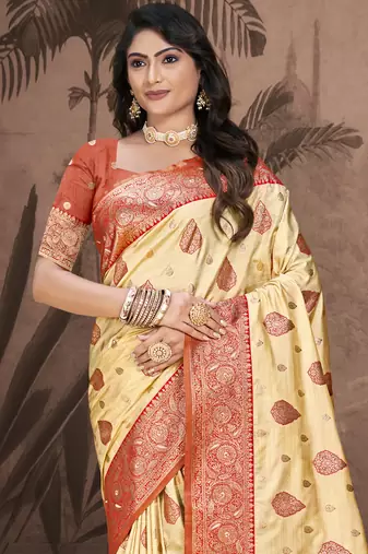 Sangam prints beige silk woven work traditional saree