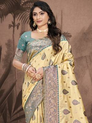 Sangam prints beige silk woven work traditional saree 2