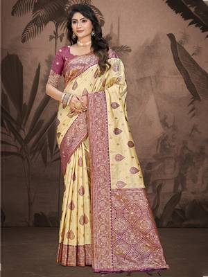 Sangam prints beige silk woven work traditional saree 1
