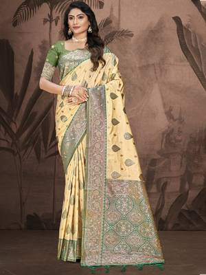 Sangam prints beige silk woven work traditional saree 1