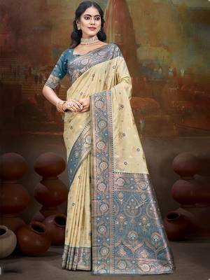 Sangam prints beige silk woven work traditional saree 1