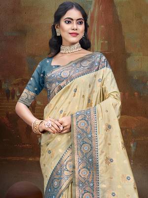 Sangam prints beige silk woven work traditional saree 2