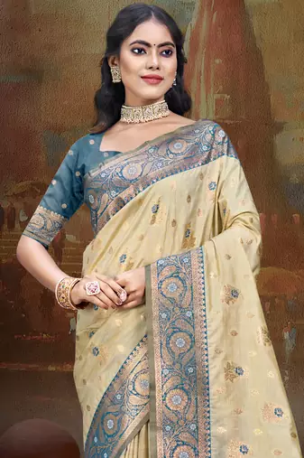 Sangam prints beige silk woven work traditional saree