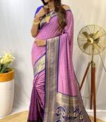 Lavender Kanchipuram Style Paithani Silk bland contrust border Saree With Blouse