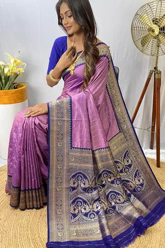 Lavender Kanchipuram Style Paithani Silk bland contrust border Saree With Blouse