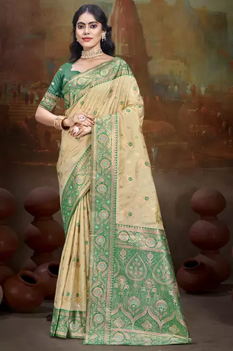 Sangam prints beige silk woven work traditional saree