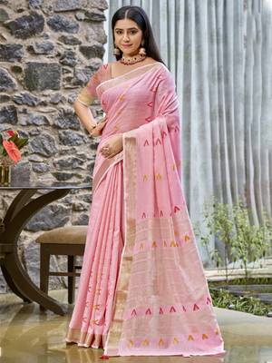 Sangam prints pink cotton woven work traditional saree 1