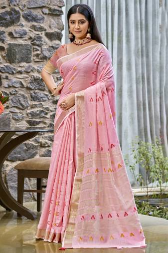 Sangam prints pink cotton woven work traditional saree